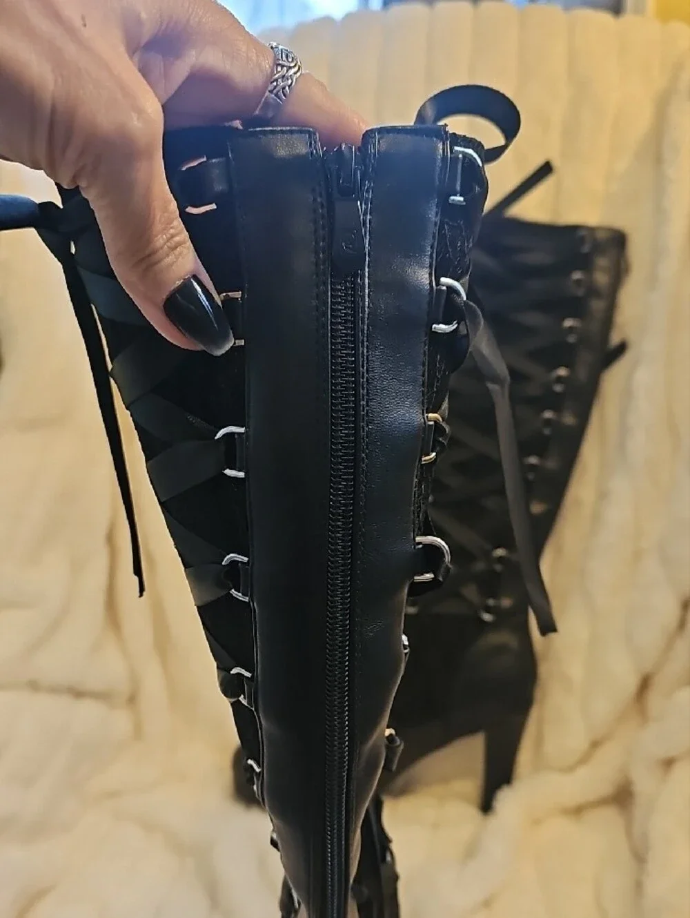 Black Knee High Lace-Up Heeled Boots with Buckle Straps
